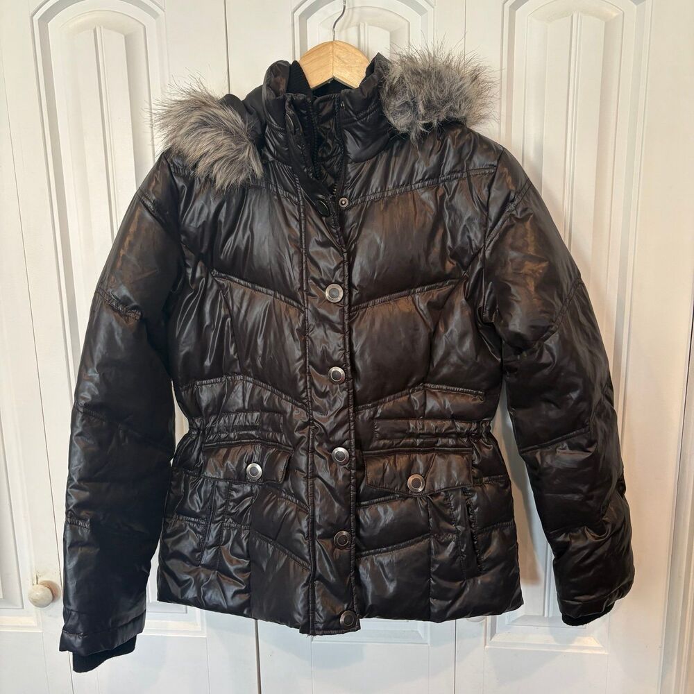 New York & Company Black Hooded Puffer Jacket Size Medium
